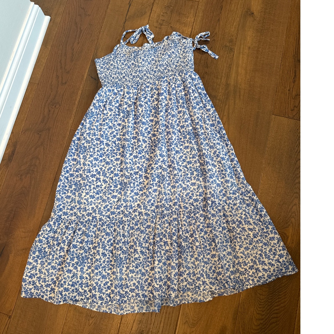 Albaray Womens Size 18 Blue White Floral Organic Cotton Smocked Midi Dress — image 3 of 5